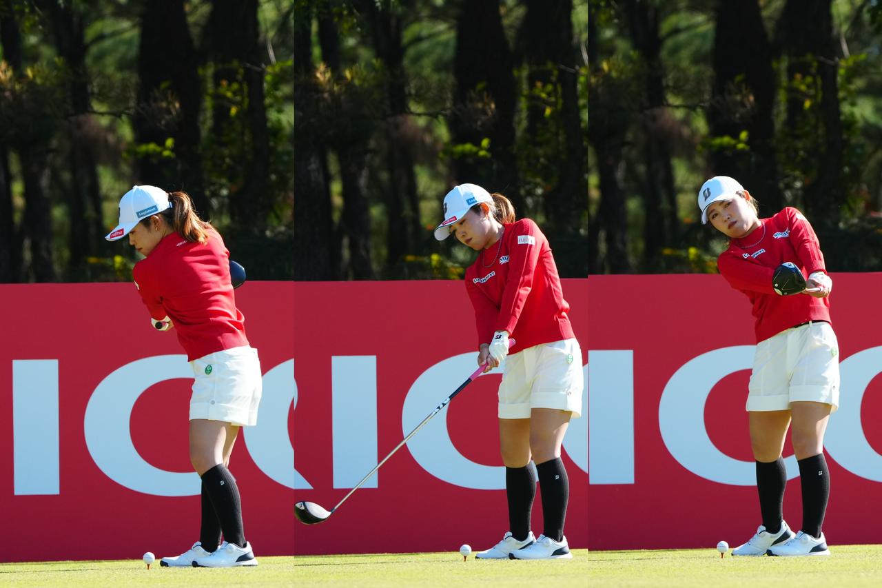 画像: 古江彩佳もクラブを体の正面から外さないように腰から腰の小さいスウィングを2回繰り返す