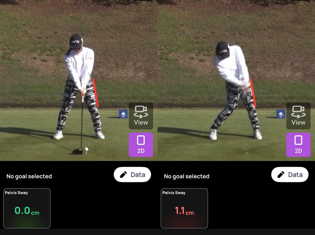 画像: 画像①アドレスとインパクトの比較/左足外の赤いラインを見ると、アドレスとインパクトで骨盤の位置のズレが少ないことがわかる