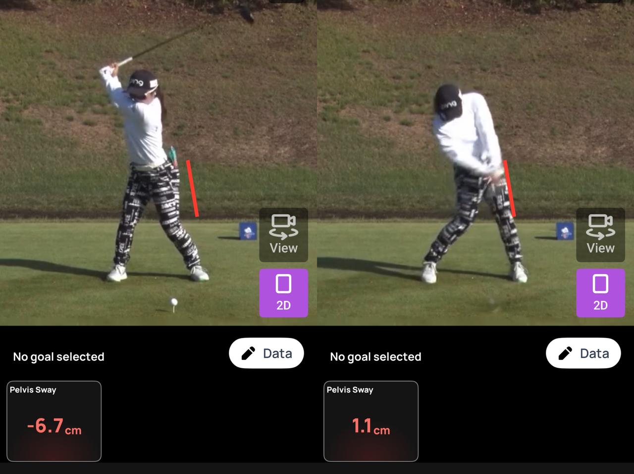 画像: 画像②トップとインパクトの比較/骨盤はトップでは右足方向に移動して、インパクトではアドレスに近い位置に戻っている