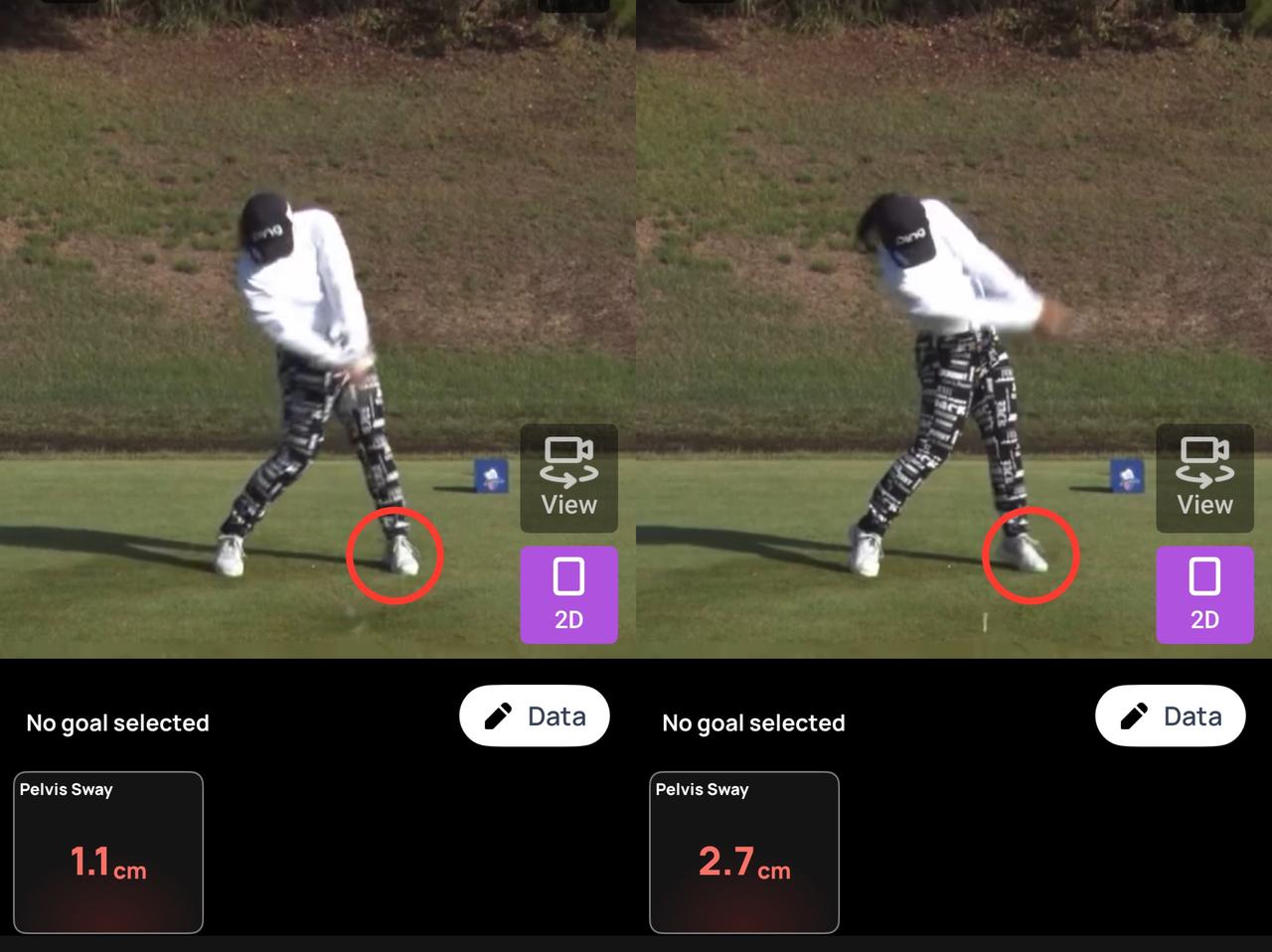 画像: 画像③インパクトとフォロースルーの比較/左足つま先の動きに注目。左足のブレーキングでつま先が後ろに下がって、かかとが浮き上がっている