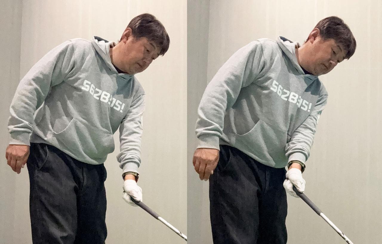 画像: （左）ヘッドを飛球線に対して真っすぐ引くと左腕と胸の間にすき間ができるので左腕が自由に動かせる。（右）手元を真っすぐ引いてしまうと左腕と胸が密着してしまって、自由度がなくなる