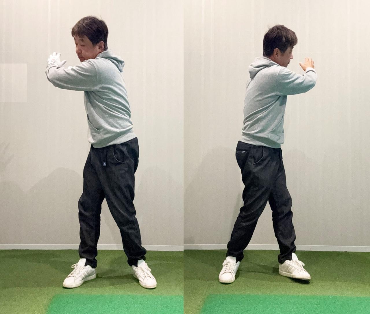 画像: テークバックもフォローも頭の後ろにある棚から物を取るイメージ