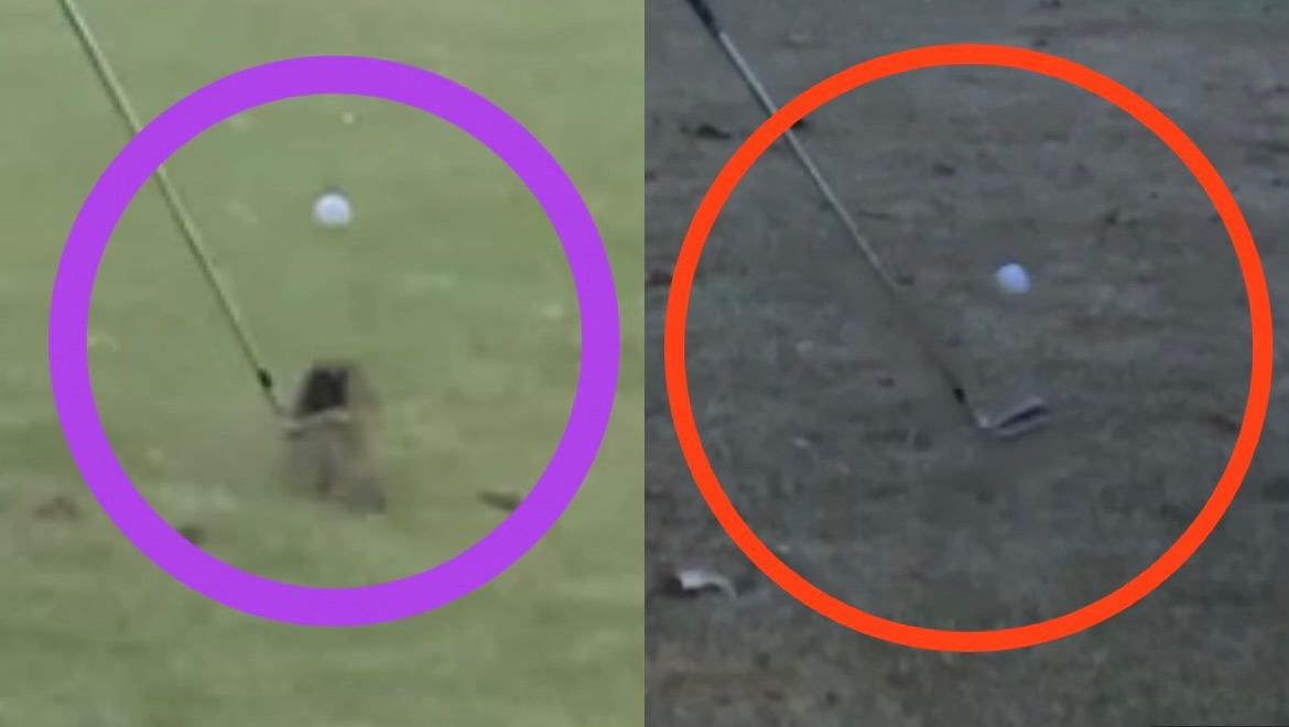 画像: 画像➁松山選手(左)とアマチュア(右)の比較。インパクト直後にヘッドが芝を削ってターフが取れている松山選手に対して、アマチュアは芝がほとんど削れていないのがわかる。