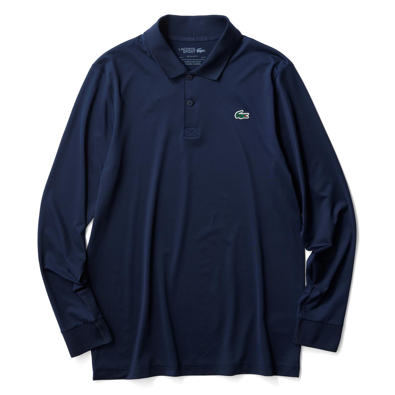 画像: 定番モデルをさらにアップデート　1933年に登場した名作〈L.12.12〉をゴルフ用に進化させたネイビーの長袖ポロ。リサイクルポリエステルの高いストレッチ性を誇るポロシャツ1万8700円（LACOSTE）