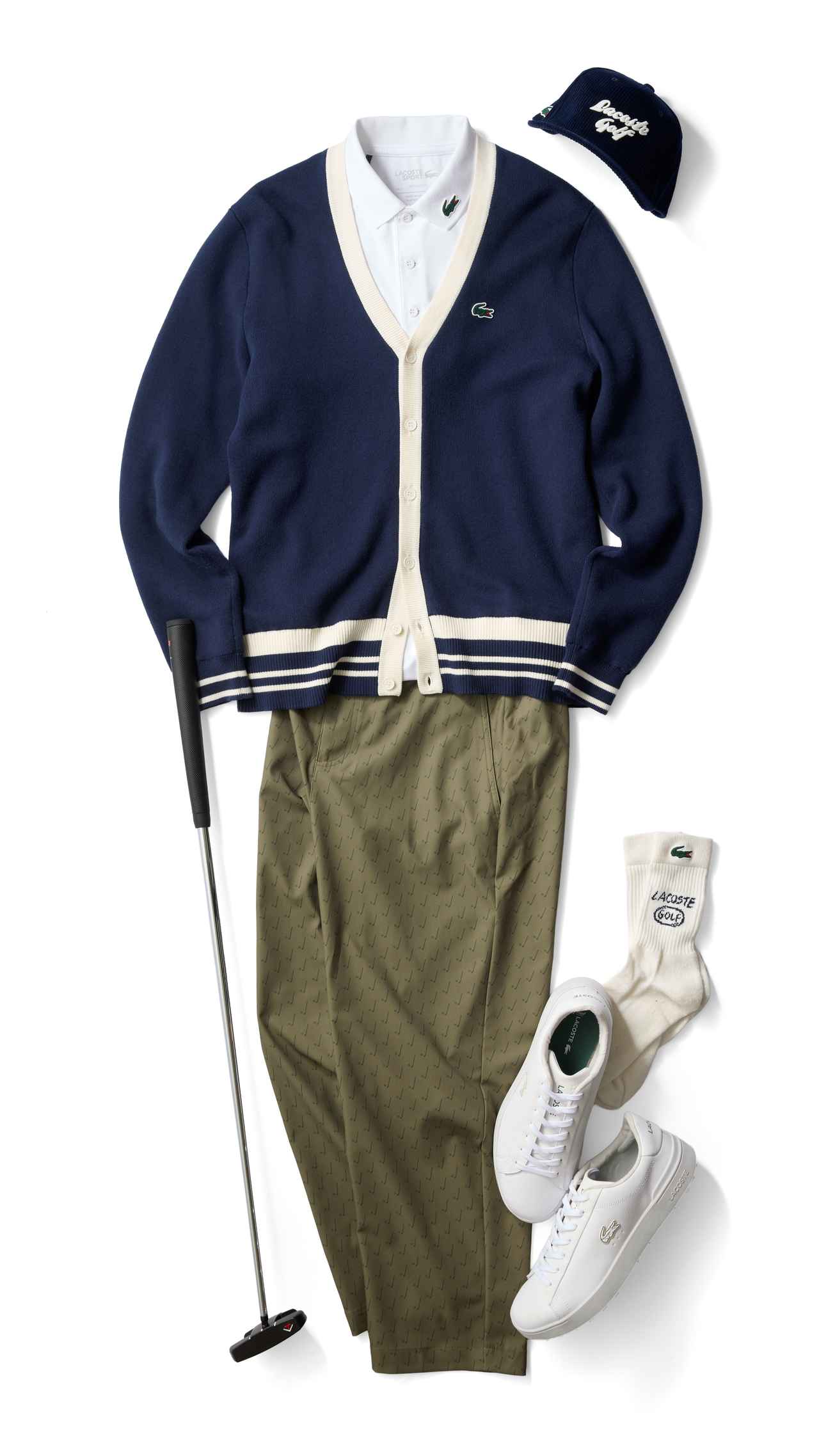 画像: カーディガン2万6400円、ポロシャツ1万5400円、パンツ2万5300円、キャップ1万1000円、ソックス3300円、シューズ1万5950円（すべてLACOSTE）