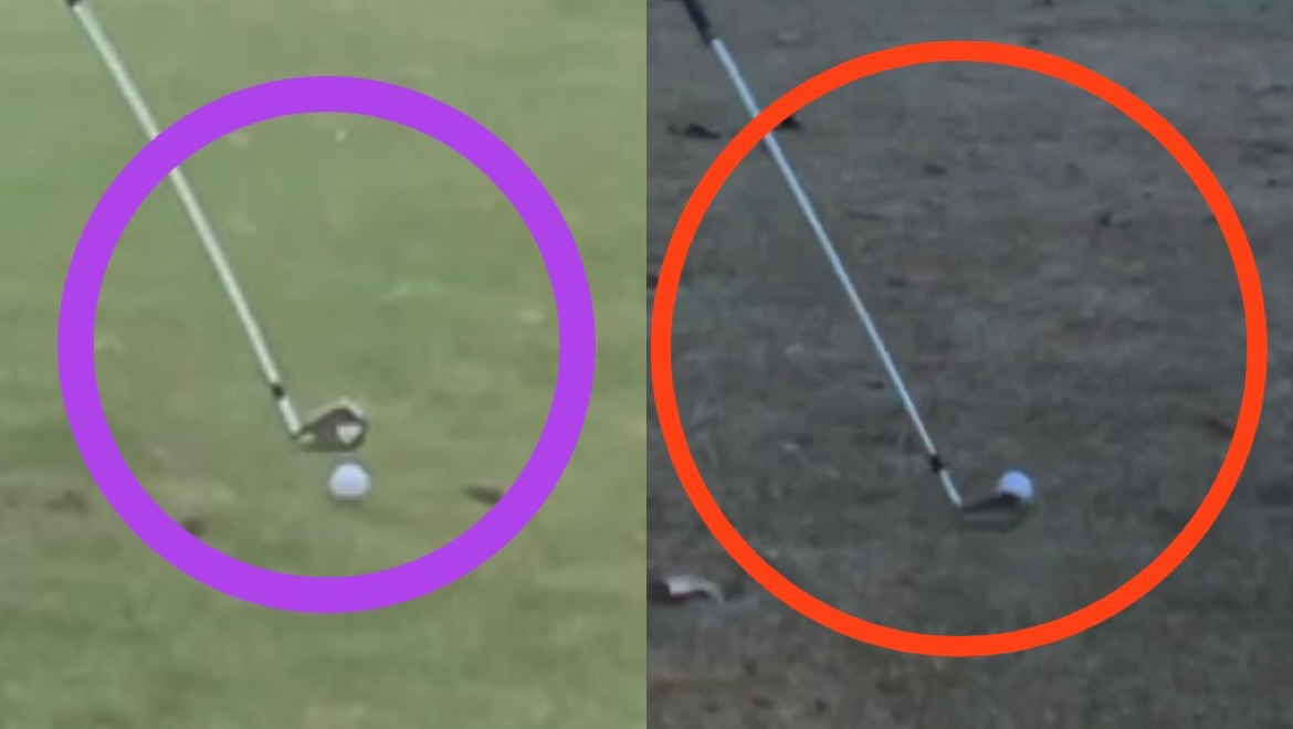 画像: 画像①松山選手(左)とアマチュア(右)の比較。インパクト直前でボールよりクラブヘッドが上にある松山選手に対して、アマチュアはボールと同じ高さにヘッドが落ちている。