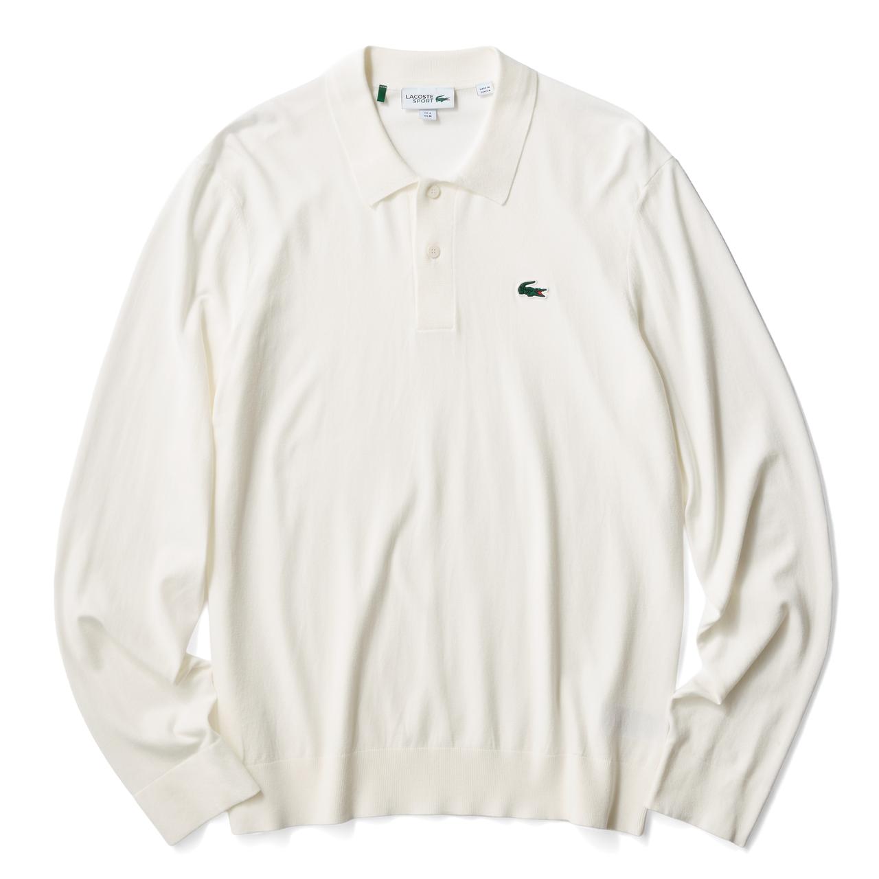 画像: ジャケットに合わせやすい正統派　柔らかなレーヨン素材をミックスしたストレッチニットポロ。シンプルなホワイトはどんなスタイルにもさらりと馴染みやすいニットポロシャツ2万900円（LACOSTE）