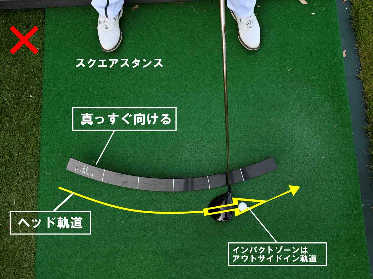 画像: ボールを左に置くからアウトサイドイン軌道になる ドライバーはボールを左に置いて、ヘッドの最下点より先でアッパーにボールをとらえるため、インパクトゾーンのヘッド軌道は、自然にアウトサイドインになってしまう