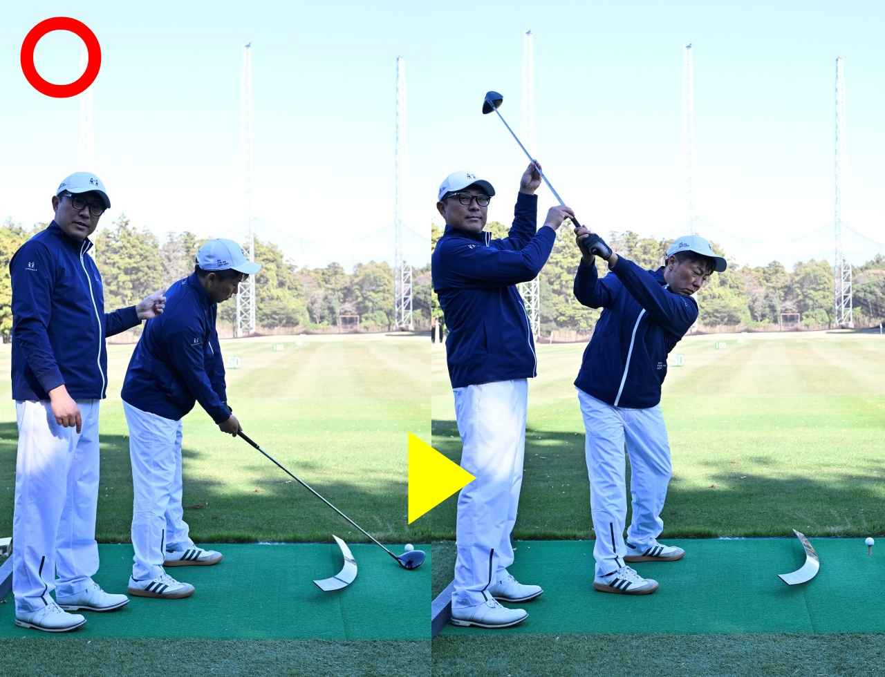 画像: 右肩が前に出ないと、オンプレーンに上げやすくなる