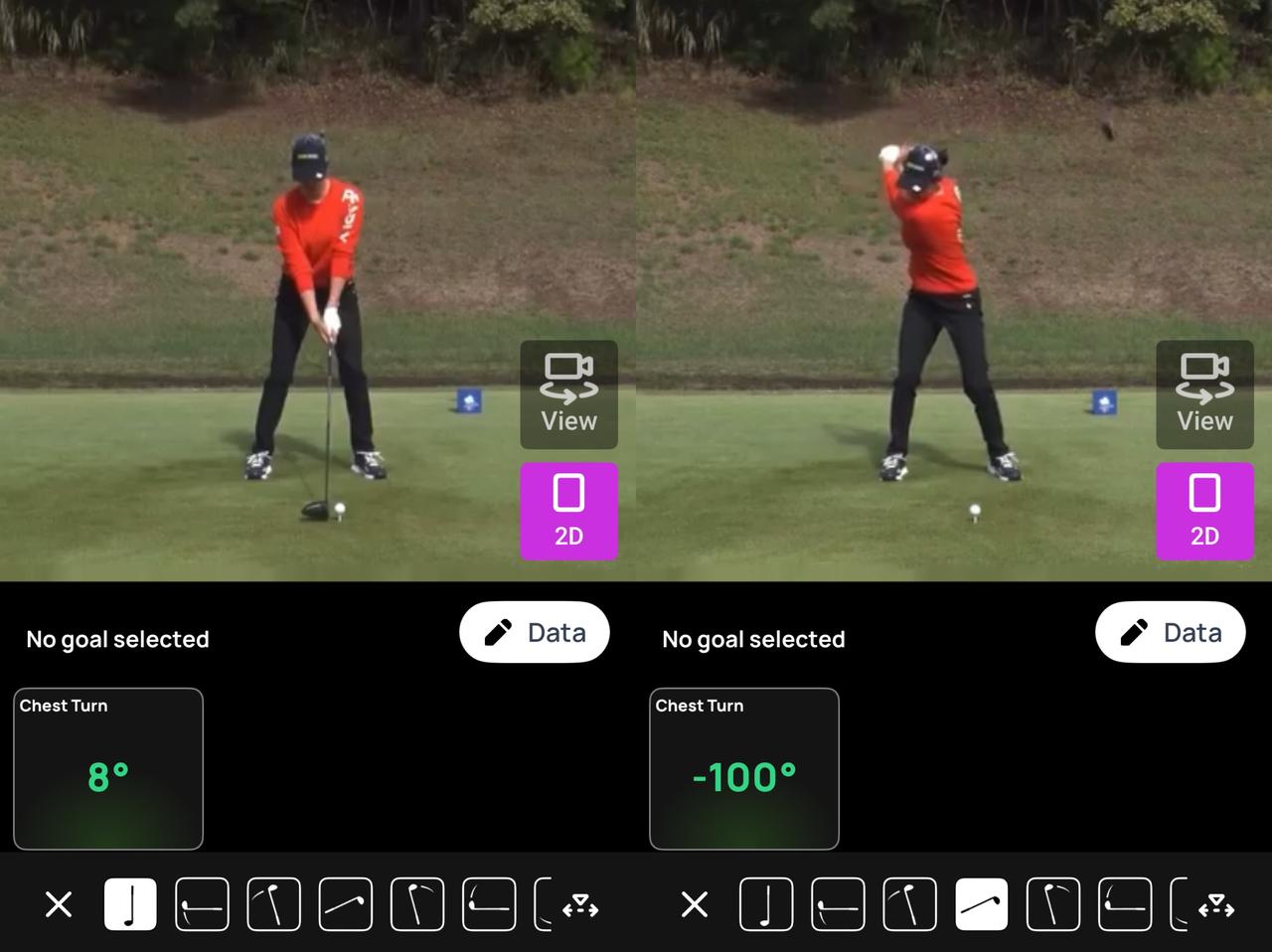 画像: 画像①アドレスとトップ/スタンス幅はやや広めで、左足より右足を閉じている。トップでは右肩が見えるほど胸が深く回転している