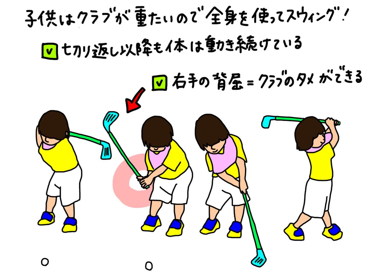 画像: キッズゴルファーの場合は全身を使わないと重いクラブを振ることができない。だから結果的に体も止まらずタメも作れて、キャストが起きづらい