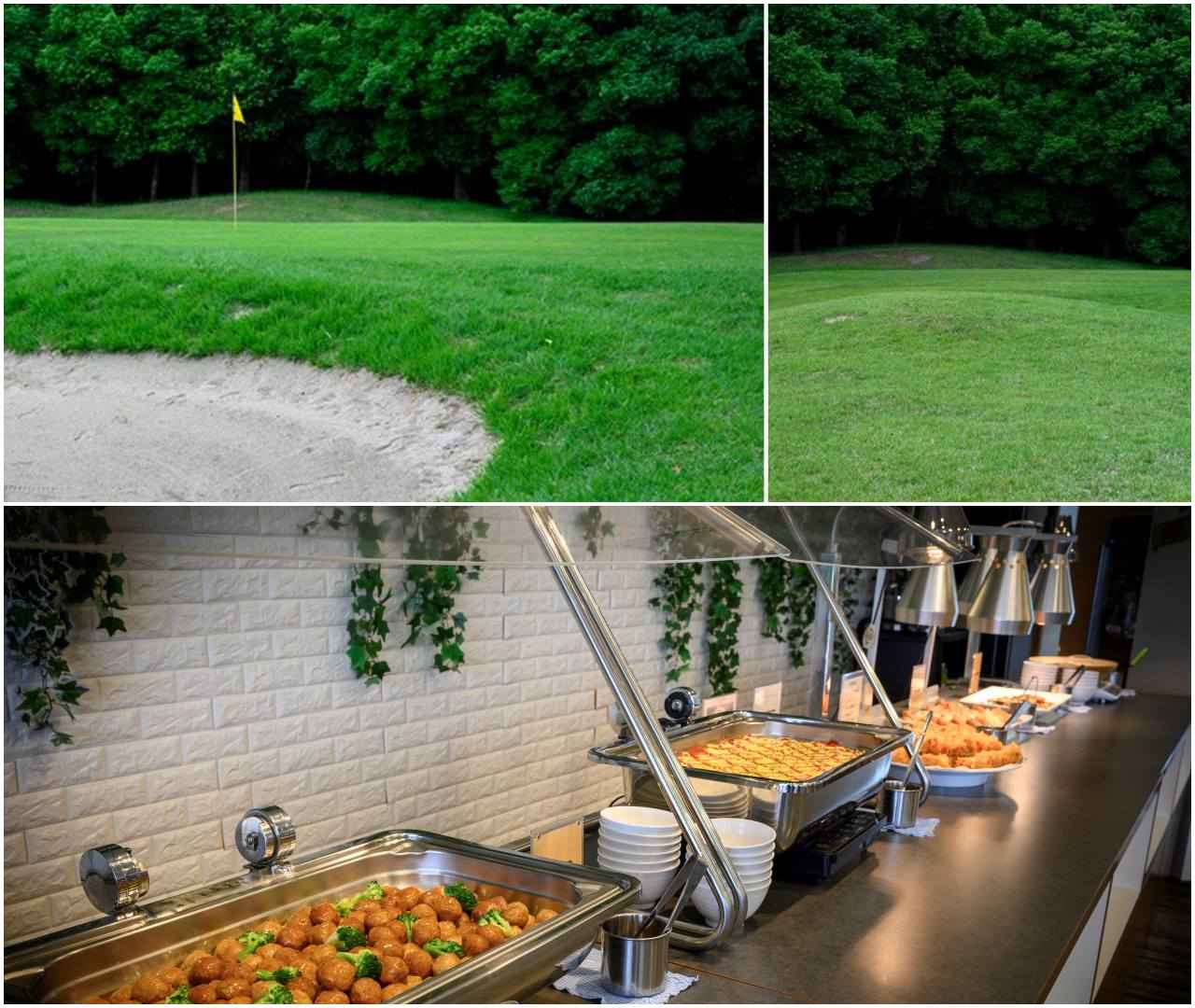 画像: アプローチ練習場の環境もばっちり（上） 昼食は種類豊富なビュッフェ形式（提供：東京建物リゾート）