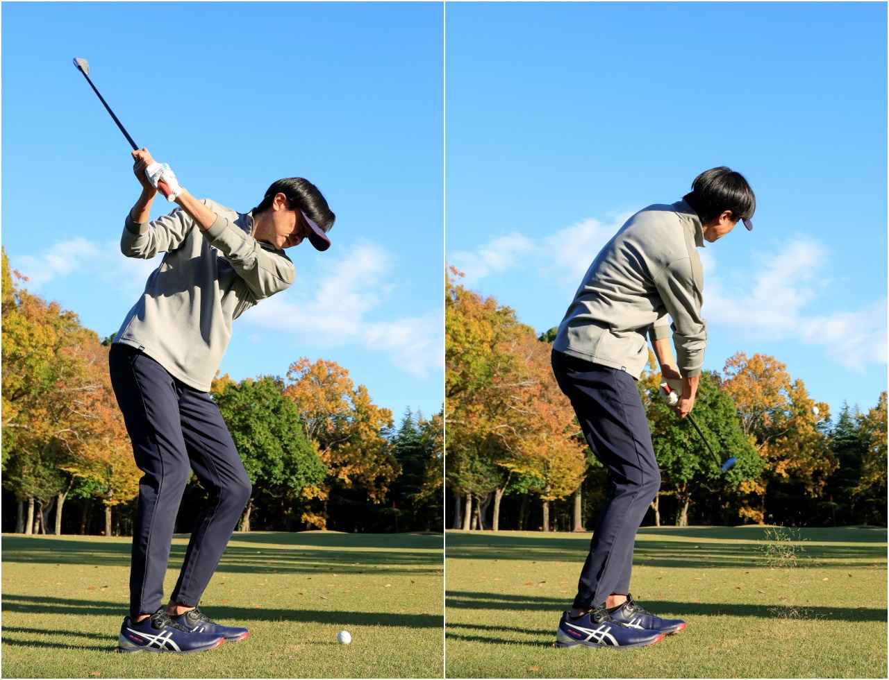 画像: 「スタンスを狭くし、グリップを短く持つと、PWなら70Yくらいの飛距離になります。この極小ショットを基準にすれば、インパクトで緩むことなく、距離を調整できます」