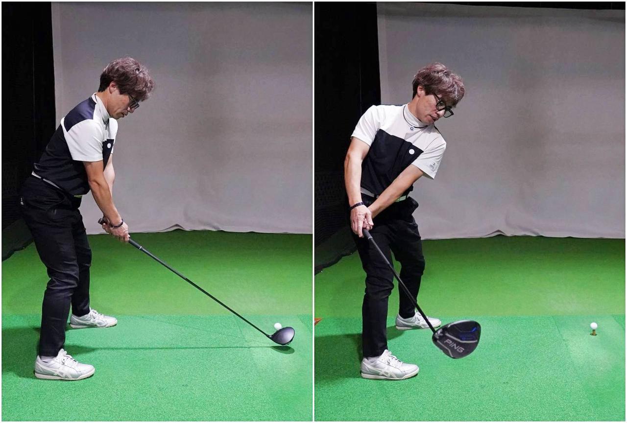 画像: 窮屈に感じるかもしれないが、腕と胸の位置関係を変えずにバックスウィングすると球がつかまりやすくなる