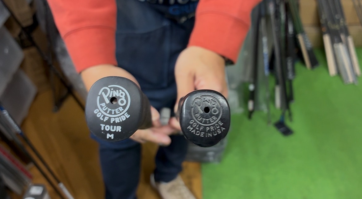 画像: グリップはPINGのピストル（PP58）。今回使用したMサイズ（画像左）をレギュラーモデルと比べると太さがこれだけ違いがあります