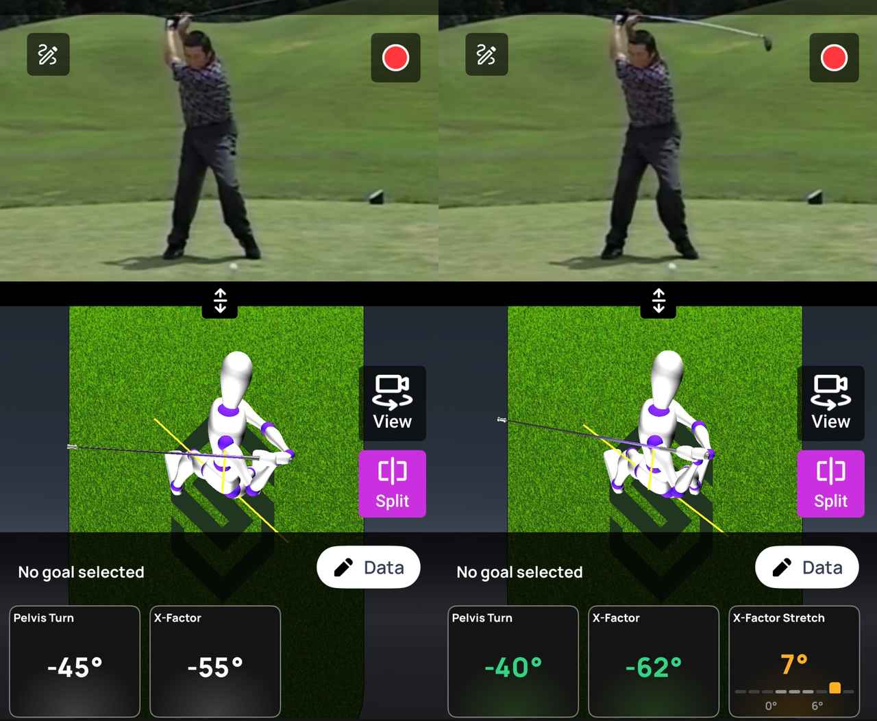 画像: 画像②トップ寸前とトップの比較／下半身が先に切り返すことで、トップにかけて捻転差が増加しているのがわかる