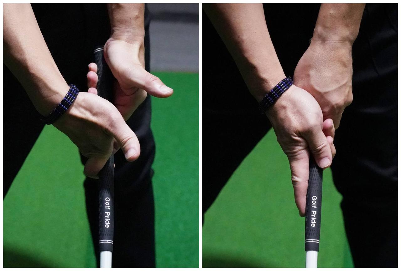 画像: 写真左は押し込む部分のイメージ。特に右手の人差し指で押す部分を強く意識してみよう （写真右は右手人差し指に力が入りにくいグリップの例）