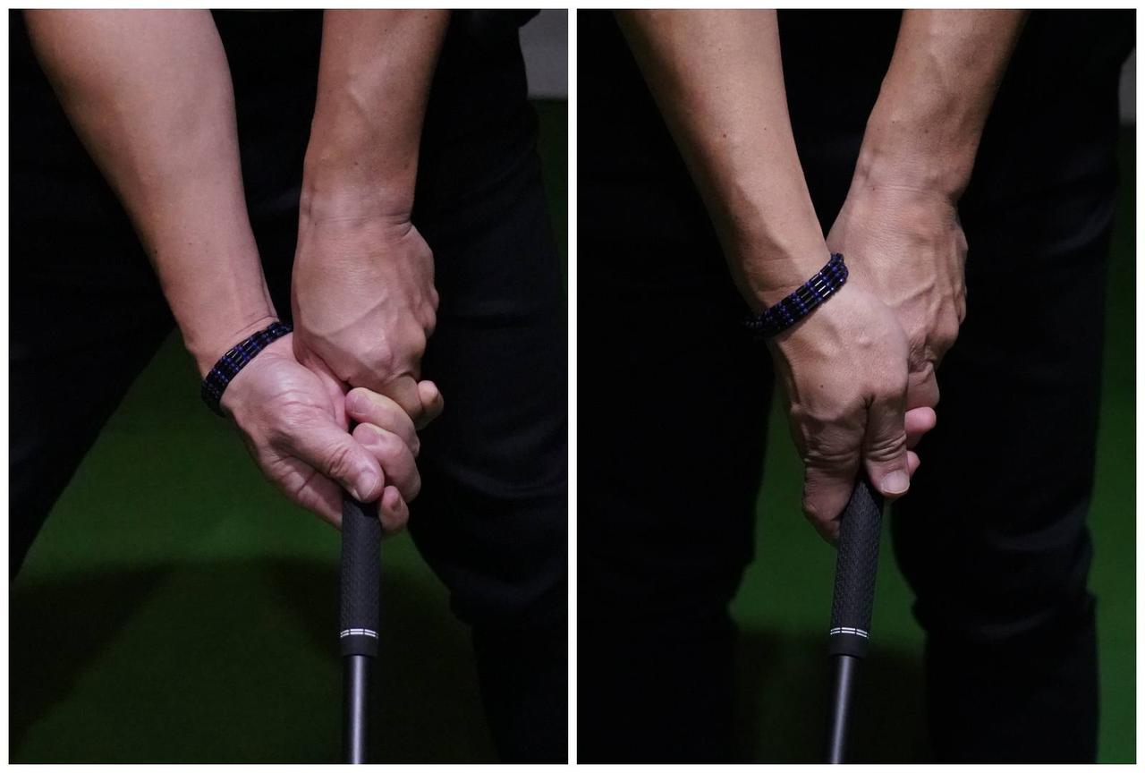 画像: 写真左：右手が下から握り過ぎてしまっている 写真右：右手ウィークでスライスの要素を加えた状態