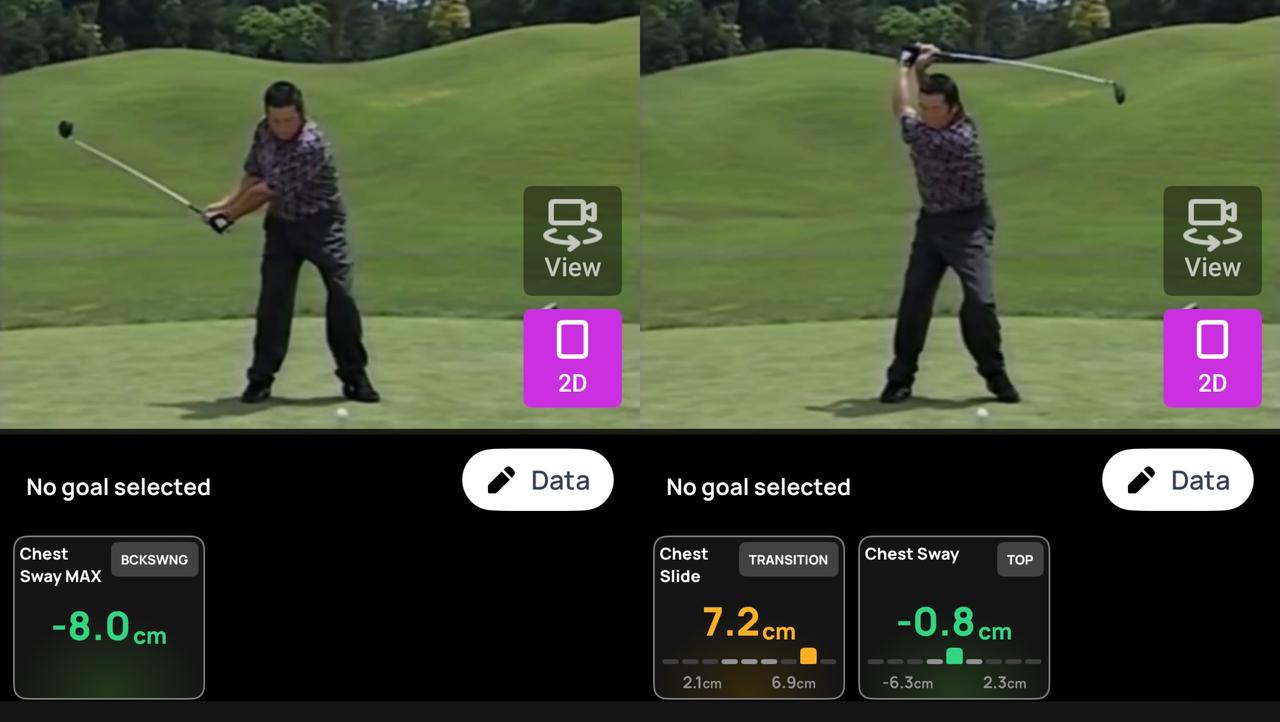 画像: 画像①バックスウィングとトップ／バックスウィングで胸が右に動いてからトップで左に戻る。横方向の動きが大きいのがジャンボの最初の特徴だ
