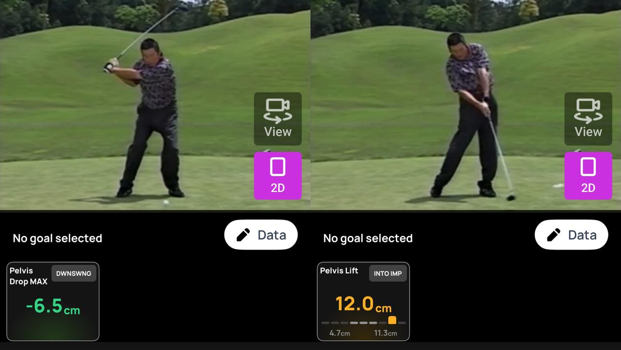 画像: 画像③ダウンスウィングとインパクト／骨盤の上下の動きが大きい。ジャンボのハイティアップに関連する動きだ