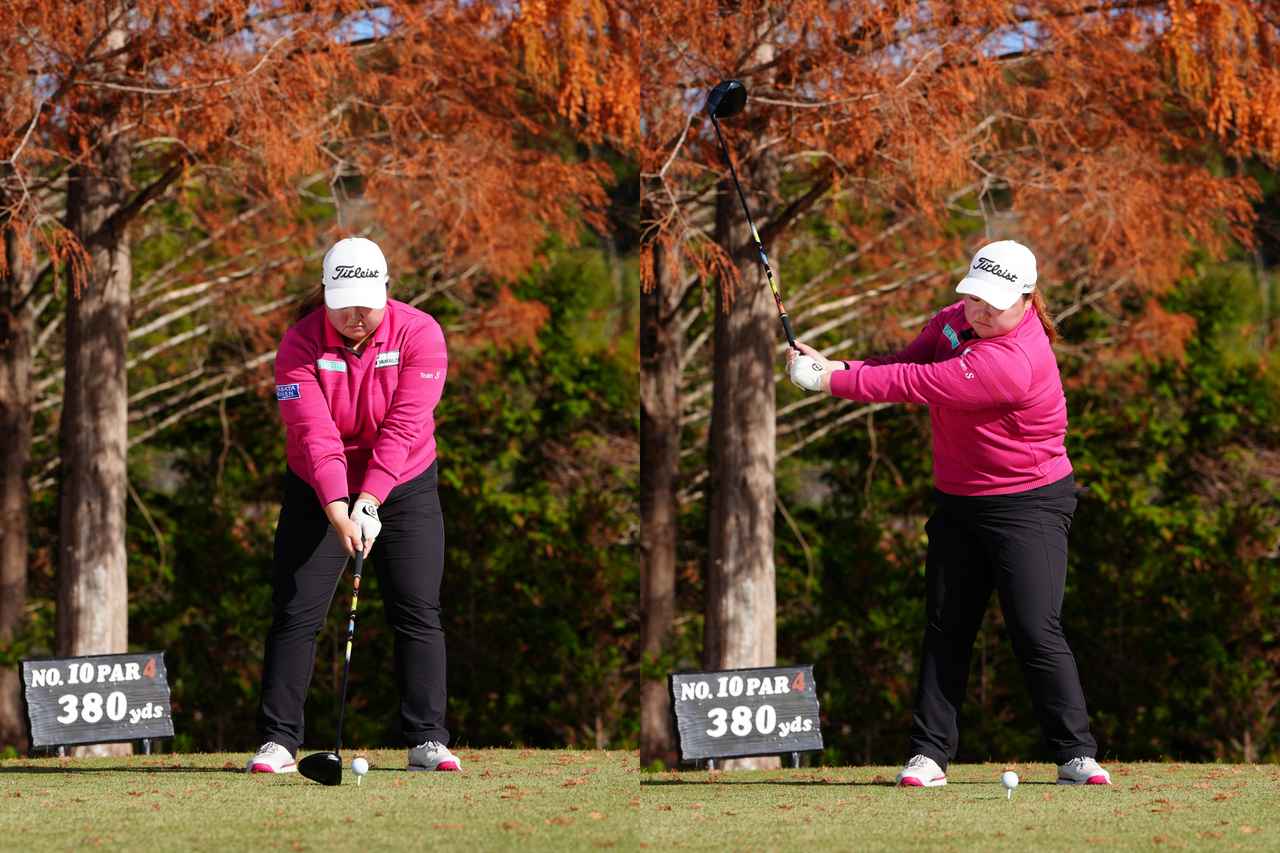 画像: 左手の甲が正面から見えるストロンググリップで握り、胸の前か手元を外さないテークバック