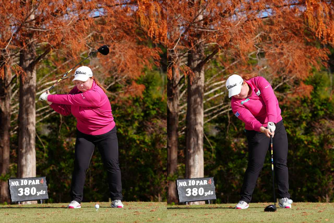 画像: 切り返しで上半身と下半身の捻転差を大きくし右足をベタ足にして地面を踏み込む