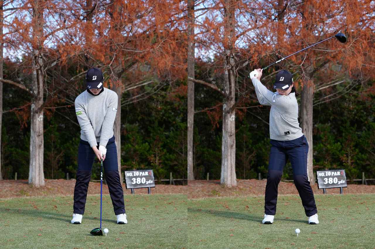 画像: オーソドックスなスクエアグリップで握り、コンパクトなトップから切り返す