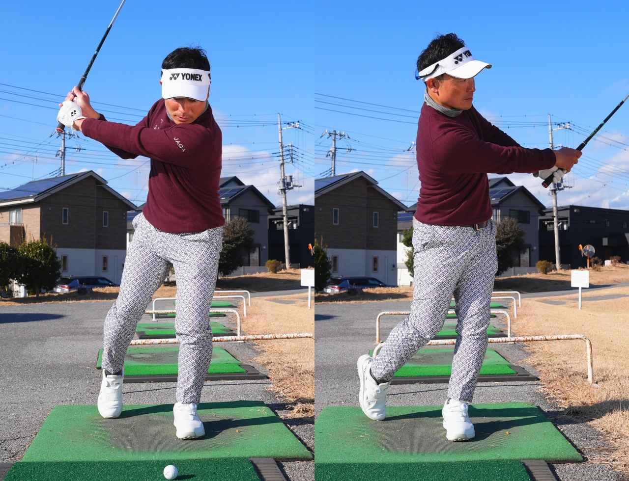 画像: 左足1本でボールを打つ