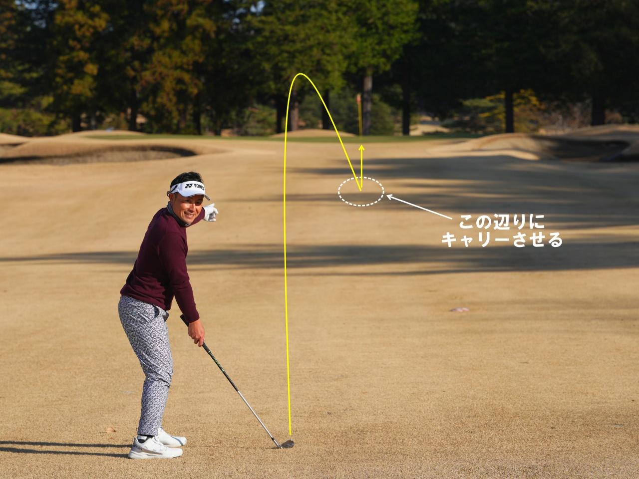 画像: 「PWから8Iくらいの距離のときにお勧めの攻め方です。グリーンが凍っていたら、グリーンの30~50ヤードくらい手前にキャリーさせて、そこから花道を転がし上げていきます」(小島・以下同)