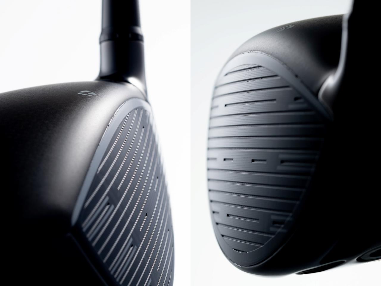画像: 『Qi4D』ドライバーのフェース面を、ヒール側（右）とトウ上側（左）から見る。上下方向の曲面（ロール）が大きくなり、上下ブレに対するバックスピン量のバラつきが抑えられるようになった