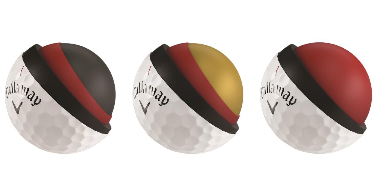 画像: 左から「CHROME TOUR」「CHROME TOUR X」「CHROME SOFT」の内部構造。「CHROME TOUR」と「CHROME TOUR X」の赤と黒、「CHROME SOFT」の黒の素材が新素材