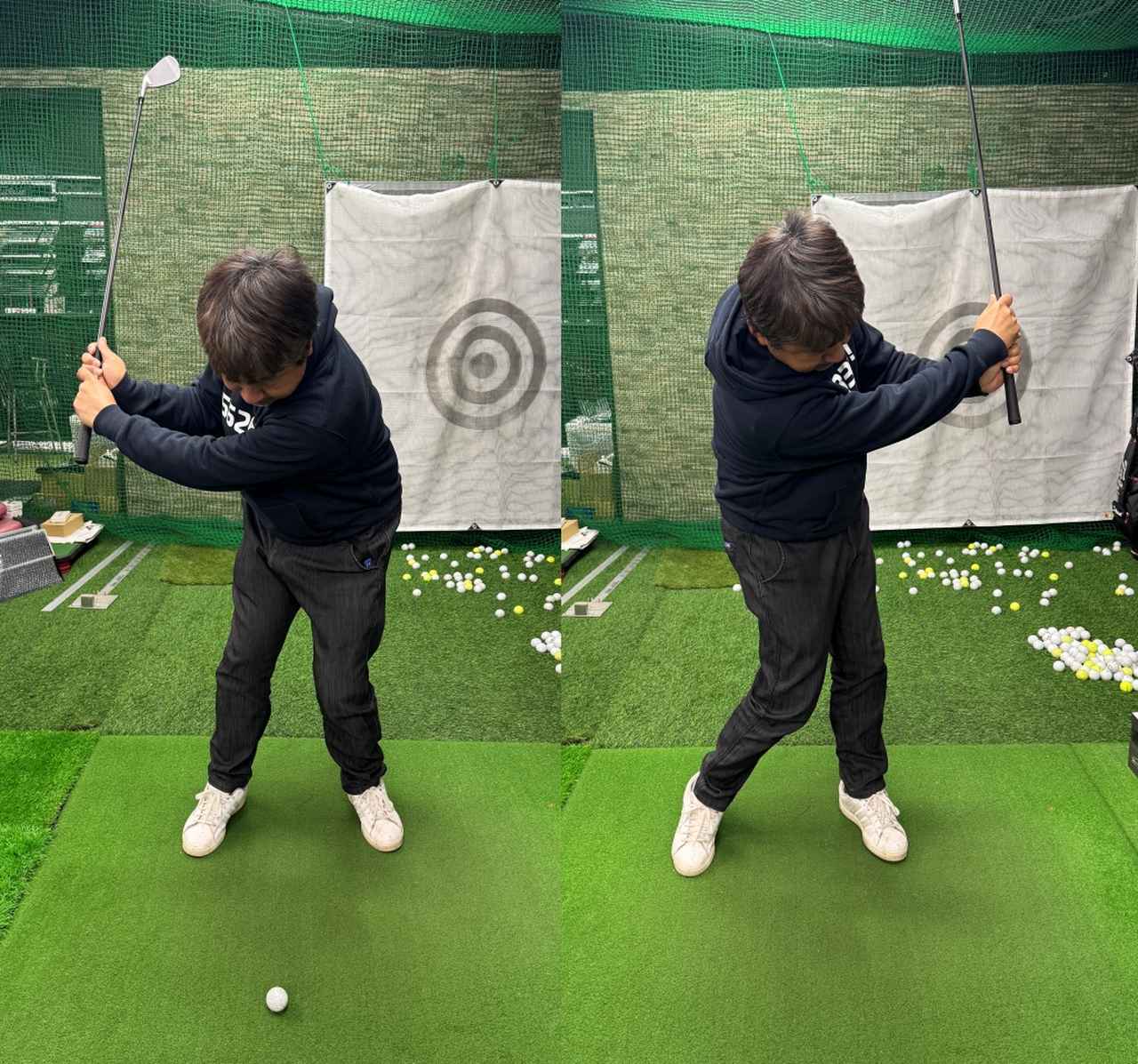 画像: 右手がシャフトに触るくらい短く持ちボールを打つ。前傾キープの感覚もわかる