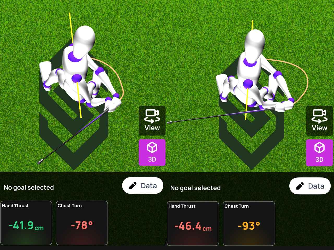 画像: 画像③アマチュア（左）と渋野選手（右）の3Dアバター比較／トップの手の深さは似ているが、胸の回転角度が大きく異なる