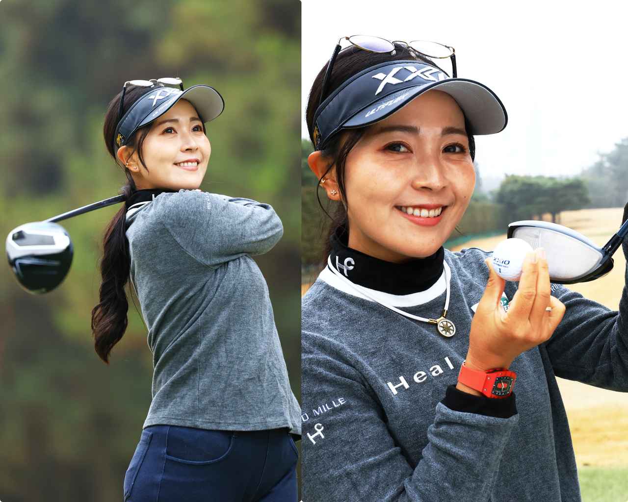 画像: 青木瀬令奈の「ゼクシオ 14 ドライバー」の推しポイント ①打感「もちろん反発力もすごい」（右） ②飛距離「“今日イチ”の回数が増えます」（左）