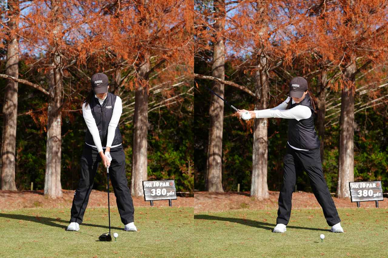 画像: オーソドックスなスクエアグリップで握り、手元を遠くに上げるワイドなテークバック