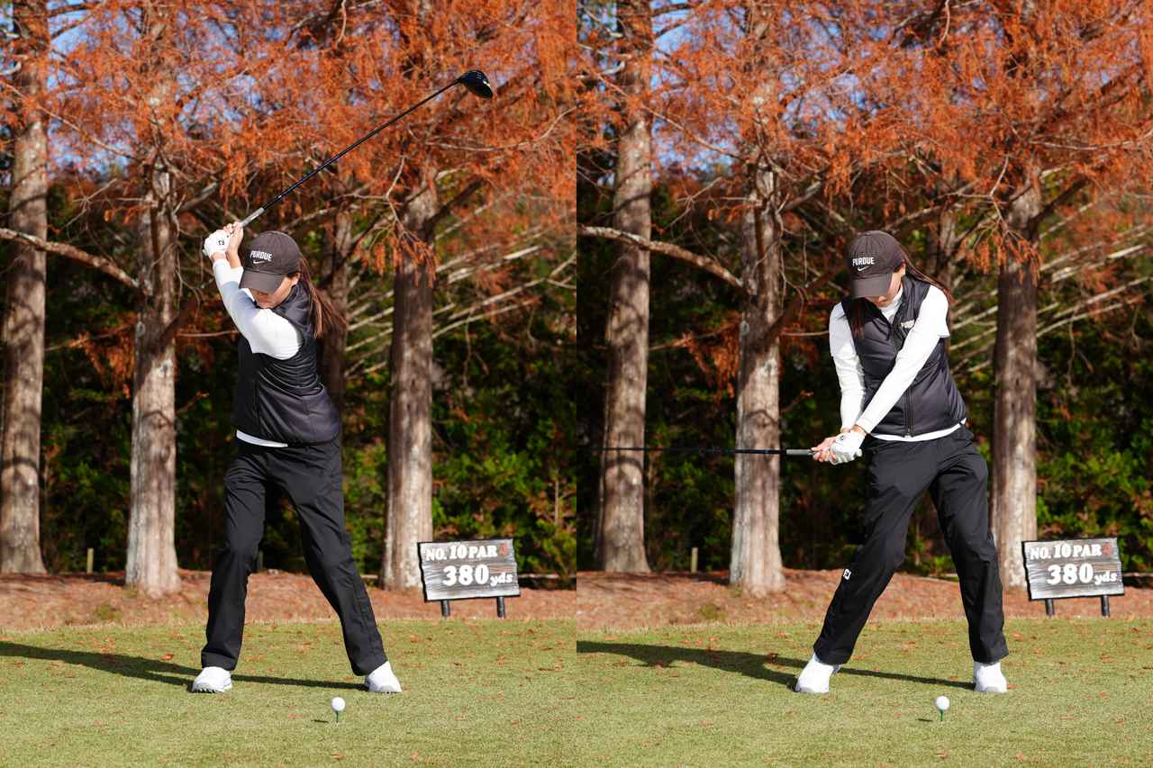 画像: トップでクラブが地面と水平まで届かないコンパクトなトップから適度にフェースの開閉とリリースを使う