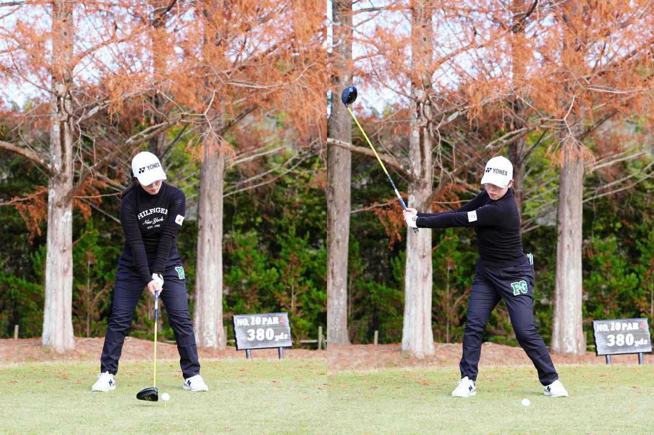 画像: スクエアグリップで握りヘッドを浮かせたアドレスから体幹をねじってテークバックする