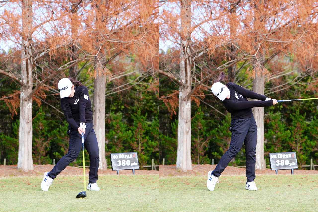 画像: ビハインド・ザ・ボールでインパクトしアッパー軌道でボールを捉える