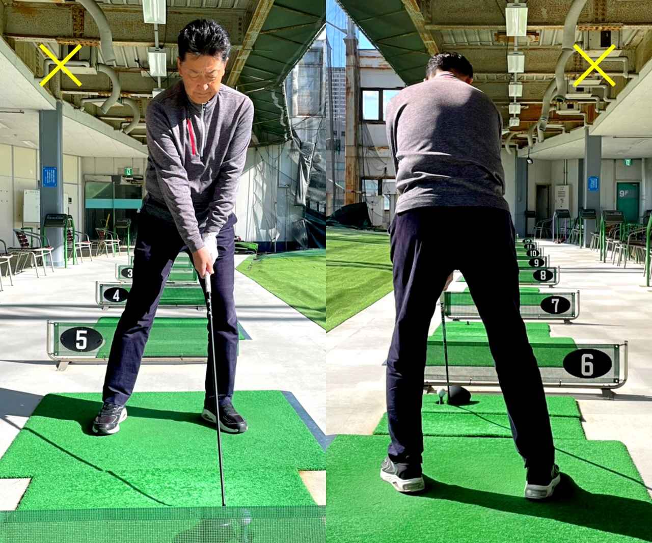 画像: アドレスの体重配分は両足均等。写真のように左足体重にならないようにする