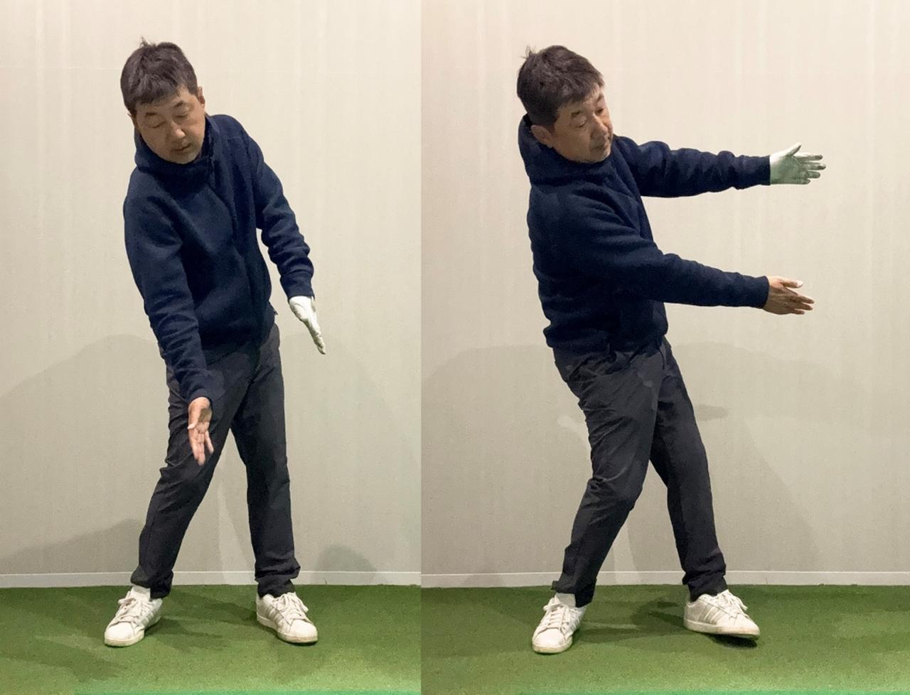 画像: インパクトで手が合わさる前に左手が動いてしまうと体が開いてしまう