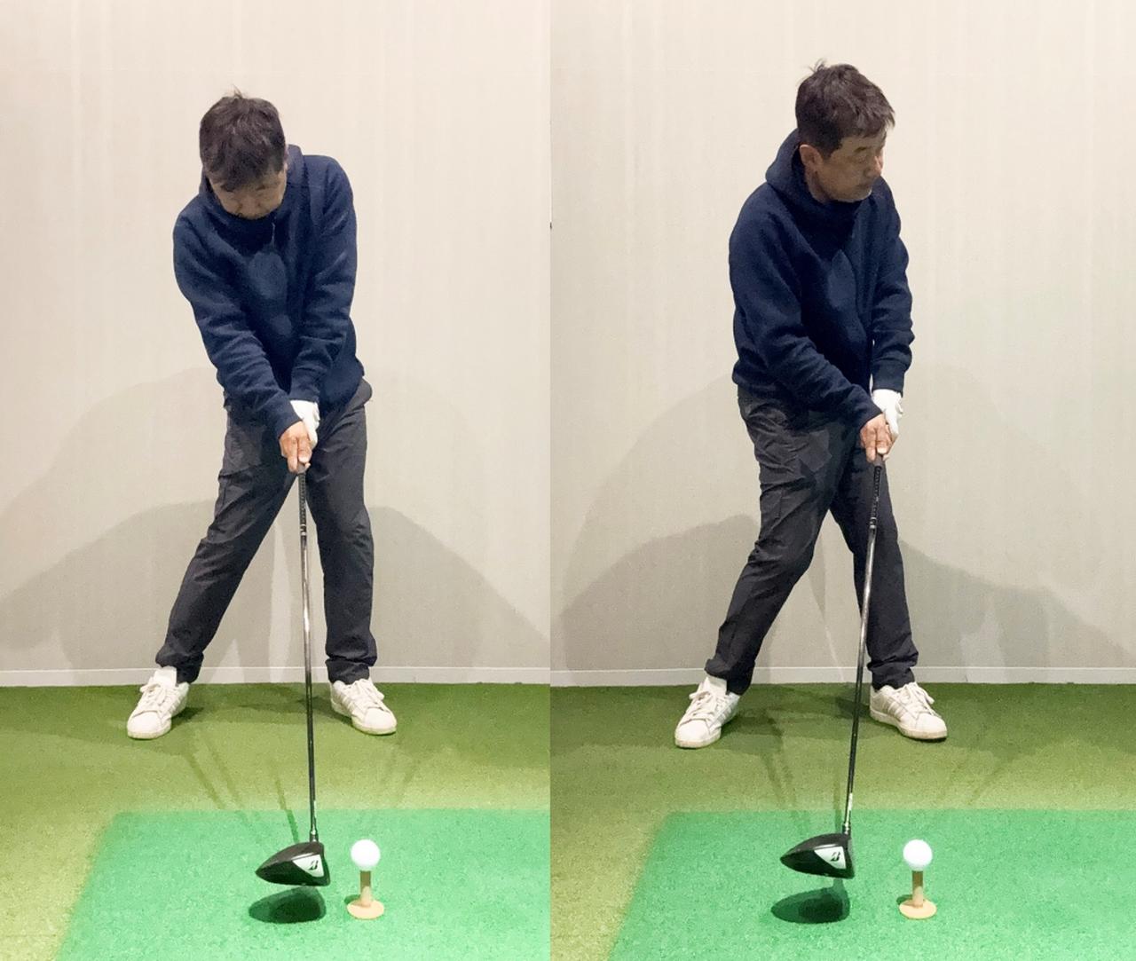 画像: （左）体体が開かず体の正面でインパクトできると良い（右）アマチュアはインパクト前に体が開いてしまうことが多い