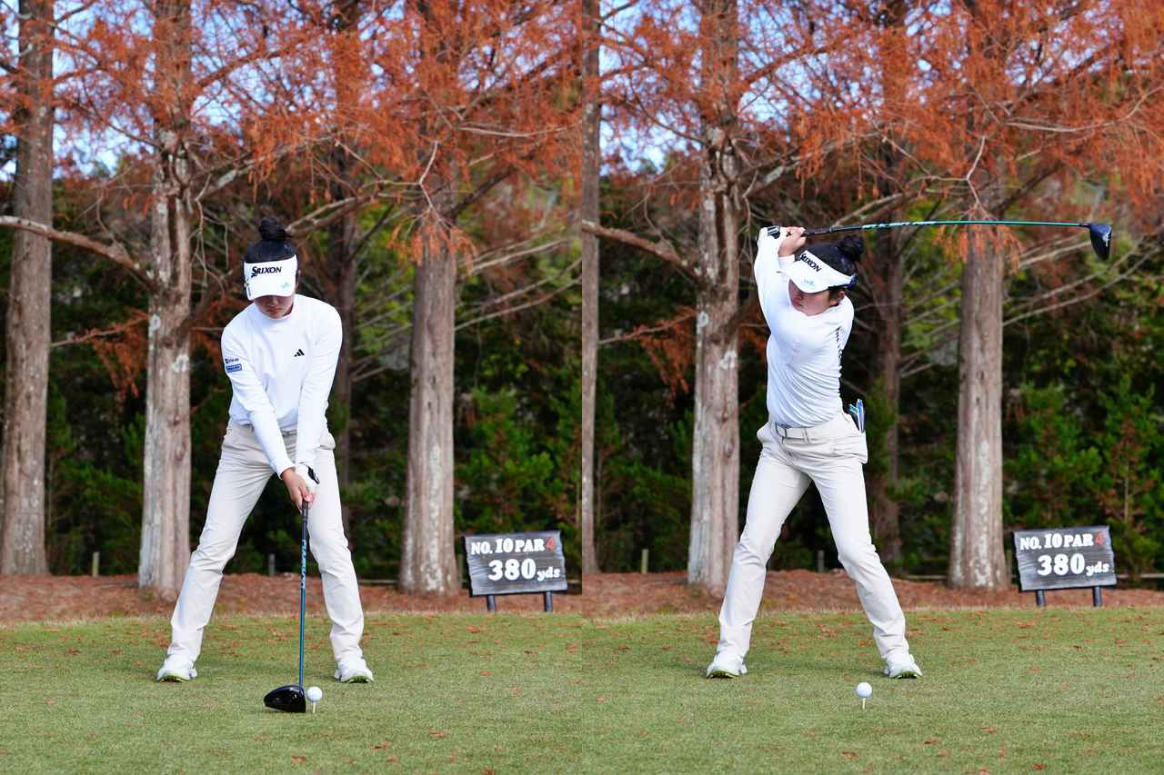 画像: やや広めなスタンスからしっかりと上半身をねじり深いトップを作る