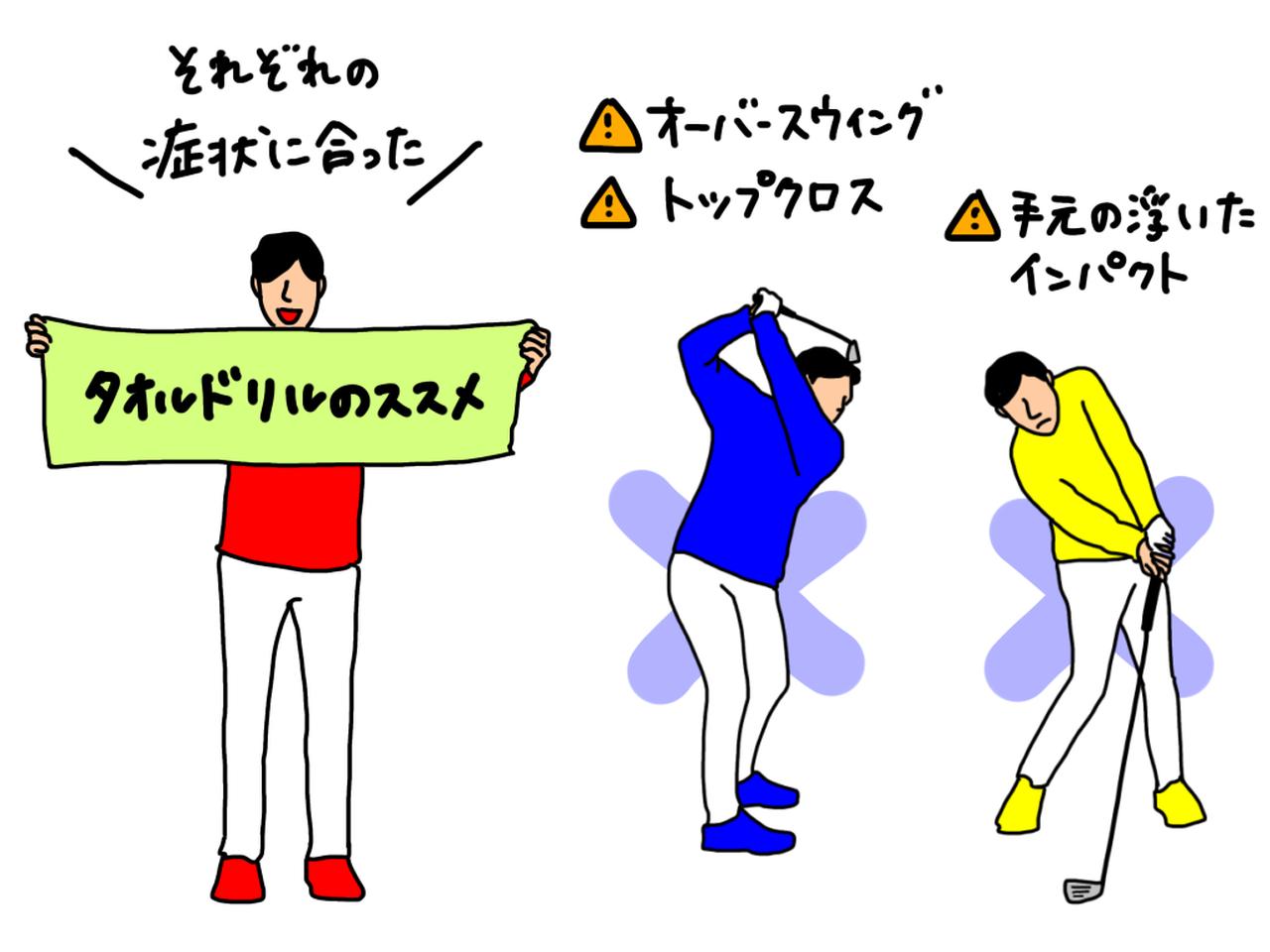 画像: ゴルフの定番練習「タオルドリル」。右わき、左わき、両わきの「3つの挟み方」はそれぞれどんな効果が期待できる？ プロがイラストを交えて解説 - みんなのゴルフダイジェスト