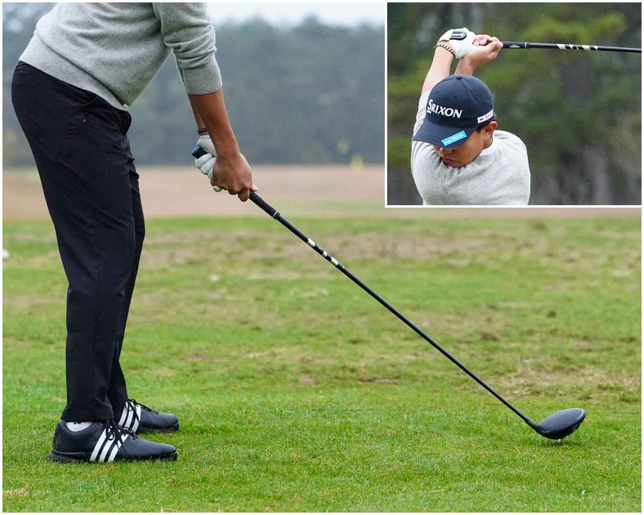 画像: ターゲットに対してはややクローズスタンスで構えて、トップは高く、ウィークグリップのため外側に上がりがちという