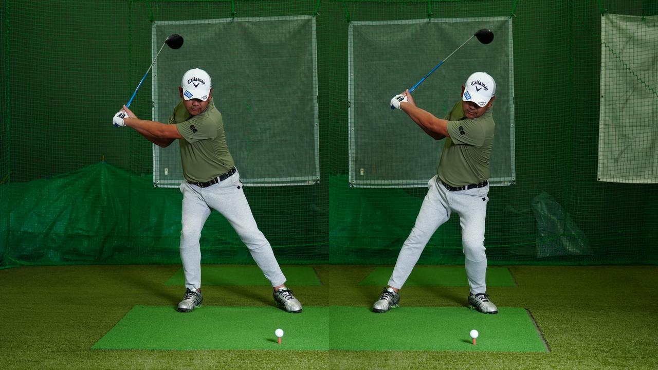 画像: 右の股関節に体重を乗せるのに、「スウェイ」したり、左サイドに体重が乗る「リバースピボット」にならないように注意