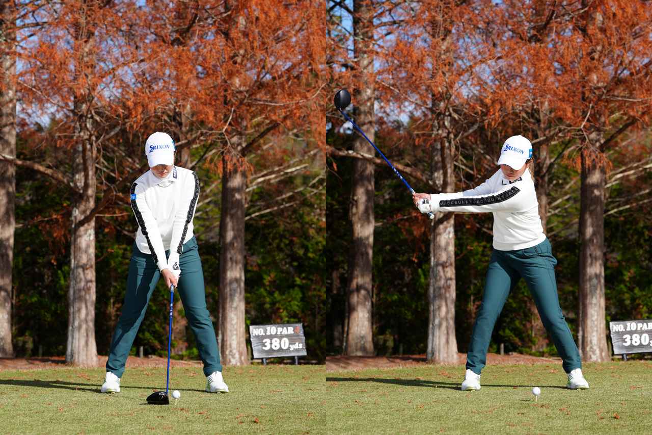 画像: やや広めのスタンスで懐の広いアドレスからテークバックする