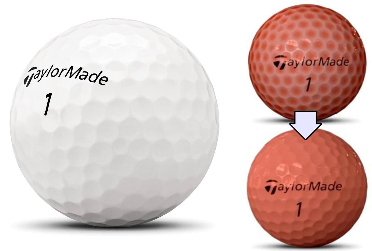 画像: 塗料がディンプルの底に溜まりムラができていた（写真右上） 新作では、均一な厚みで塗装することが可能になった（写真左上）