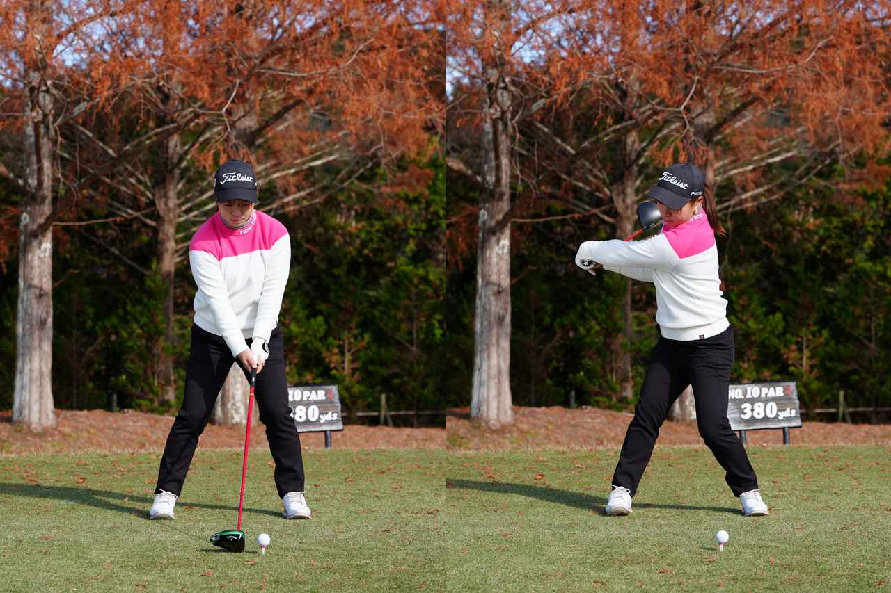 画像: ストロンググリップで握りハンドファーストにアドレスする。左手首を掌屈させながらフラットなテークバックが特徴