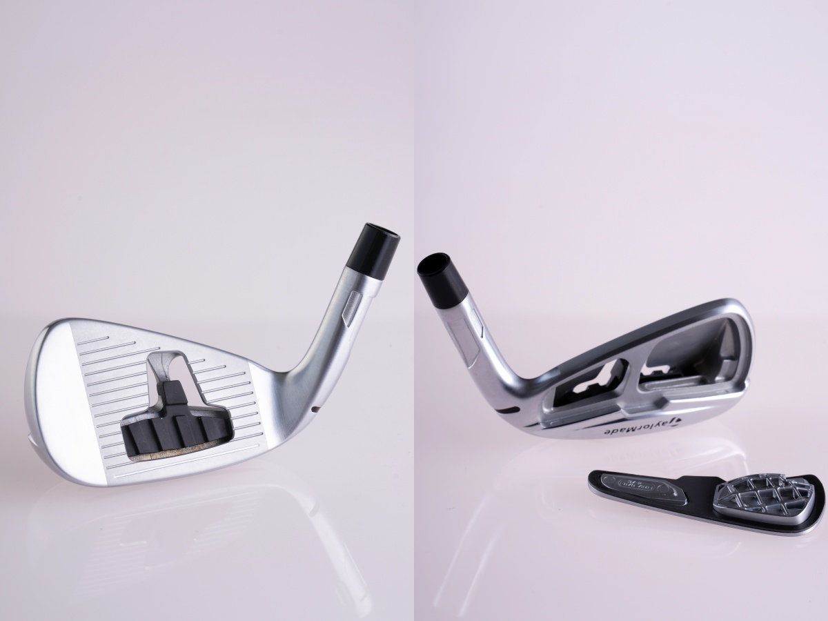 画像: 『Qi MAX』アイアンの内部構造。インパクト時に、音の振動を吸収してアイアンらしい打音を生む「エコー ダンピングシステム」(写真左の黒いダンパー部分)。余分な振動を抑え、心地よい打感を生む「サウンドスタビライゼーション バー」(写真右のヘッド中央に入る柱部分)。打感と打音も向上している