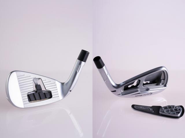 画像: 『Qi MAX』アイアンの内部構造。インパクト時に、音の振動を吸収してアイアンらしい打音を生む「エコー ダンピングシステム」(写真左の黒いダンパー部分)。余分な振動を抑え、心地よい打感を生む「サウンドスタビライゼーション バー」(写真右のヘッド中央に入る柱部分)。打感と打音も向上している